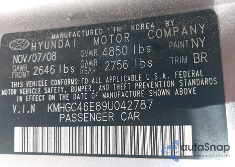 2009 Hyundai Genesis 3.8 z USA, uszkodzony, nr VIN KMHGC46E89U042787